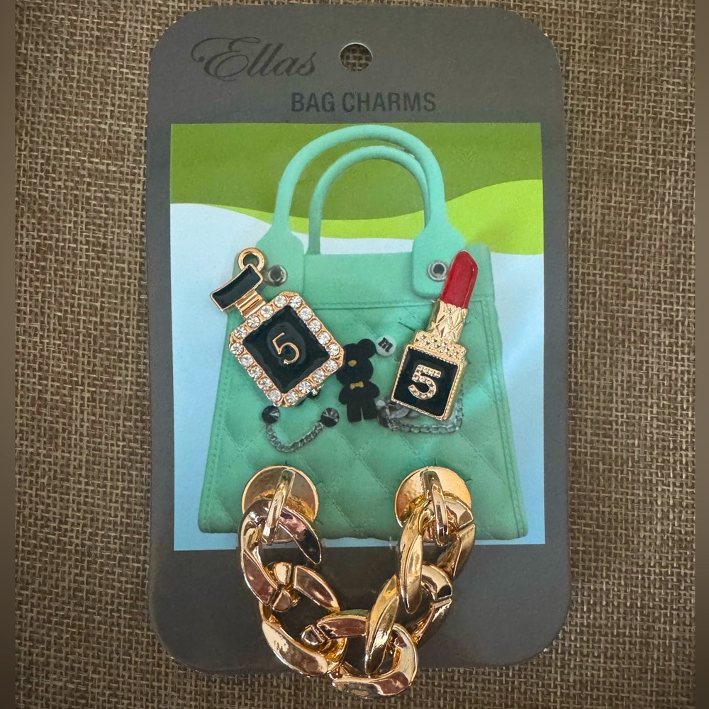 Ellas Bag Charms– Red/Gold Lipstick, Black/Gold Perfume & Gold-Tone Chain Accent